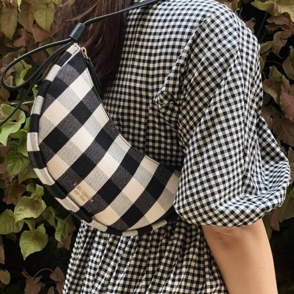 Kate Spade Smile Shoulder Bag Black Gingham Small Leather Fabric Zip Top White - Picture 2 of 9